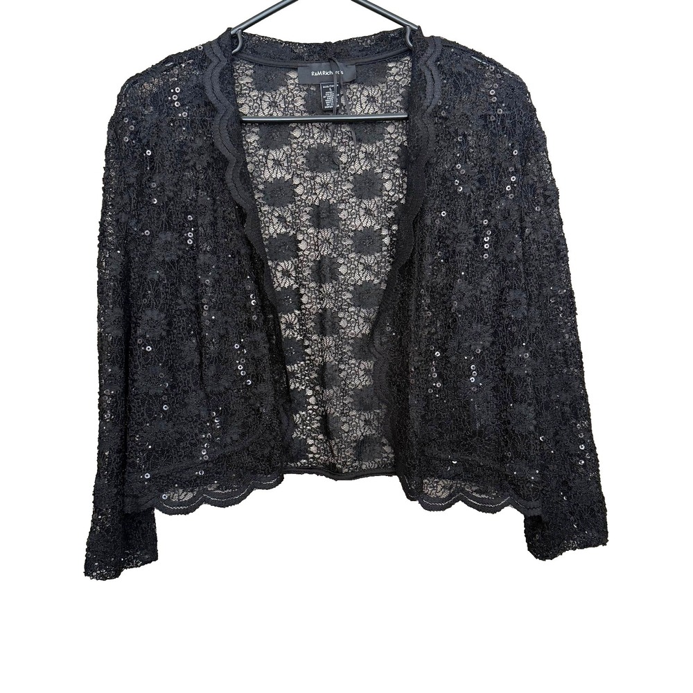 RM Richards Black Sequin Lace Bolero Shrug Jacket L Jazz Age Flapper Gatsby Glam